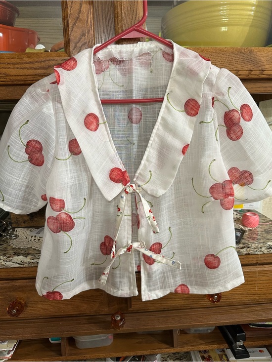 Handmade Tops - Women’s White Cherry Print Tie-Front Crop Top